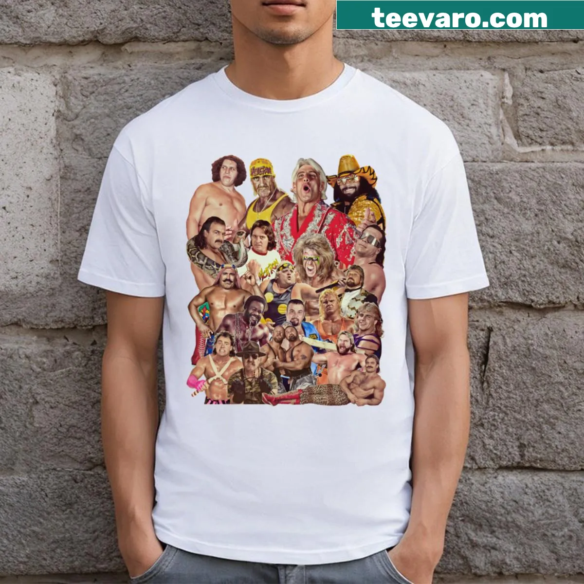 Nostalgic T-shirt featuring iconic pro wrestlers from the 80s — on a men's t-shirt