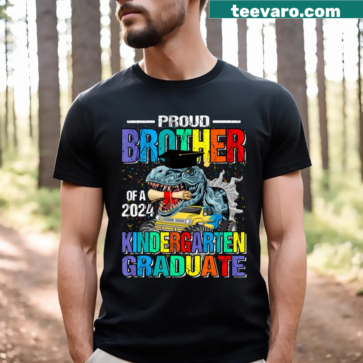 Proud Brother Dinosaur t-shirt celebrating 2024 kindergarten graduate — on a men's t-shirt