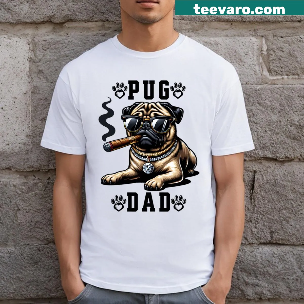 Cute 'Pug Dad' graphic with a playful pug design — on a men's t-shirt