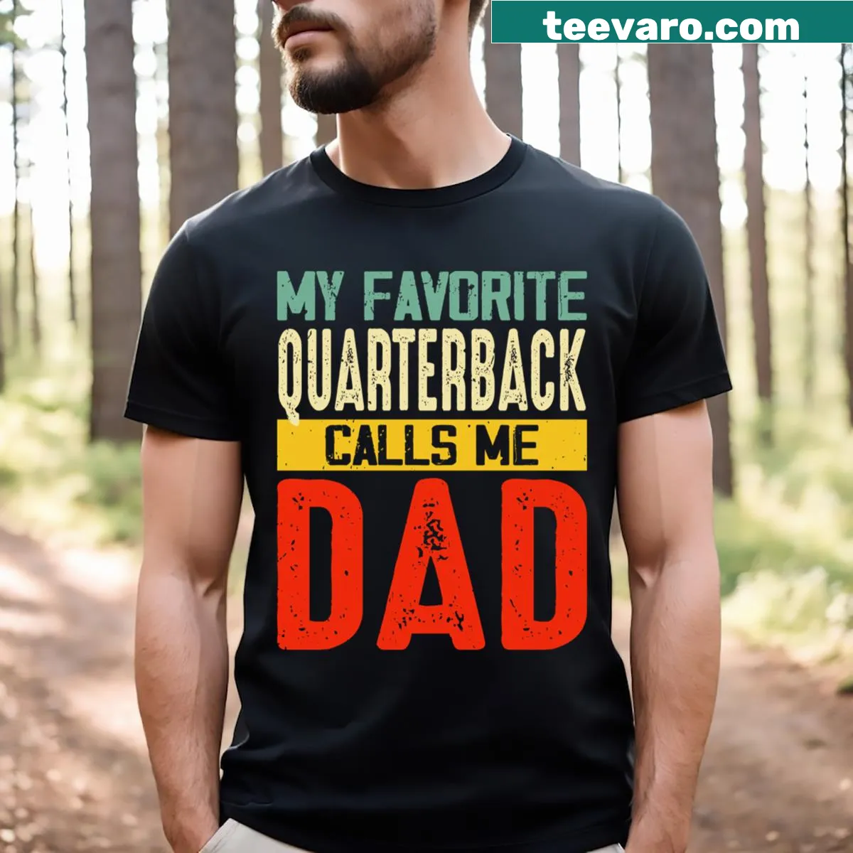 Father's Day shirt with bold text celebrating dad as a quarterback. — on a men's t-shirt