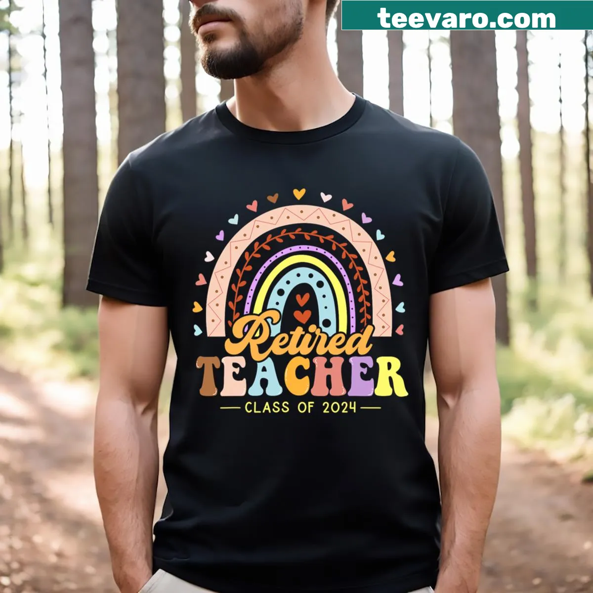 Cheerful retirement T-shirt for teachers featuring a rainbow design. — on a men's t-shirt