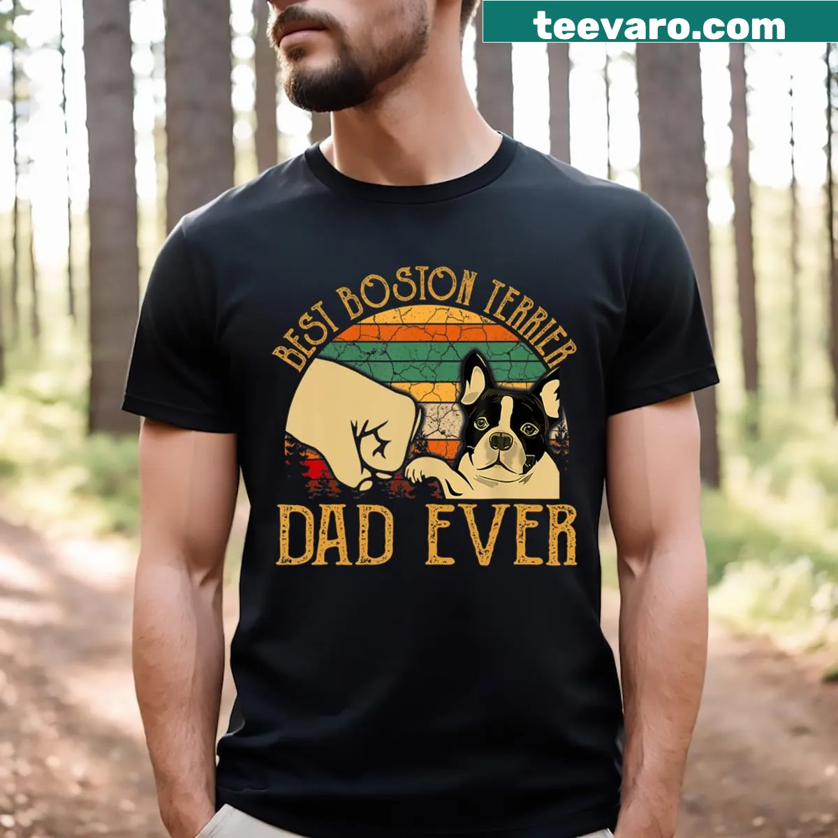 Vintage T-shirt for Boston Terrier dads with playful graphic — on a men's t-shirt