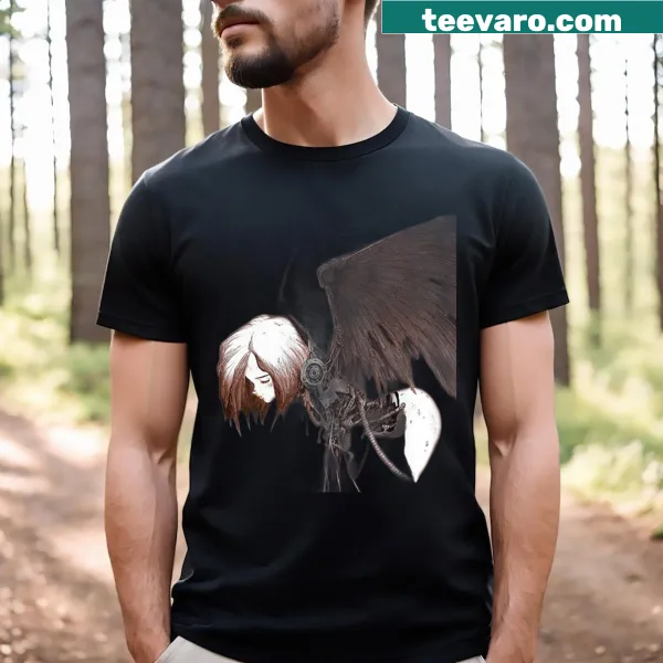 Illustrated T-shirt featuring a winged angel with rusty nails, blending fantasy and urban art.
