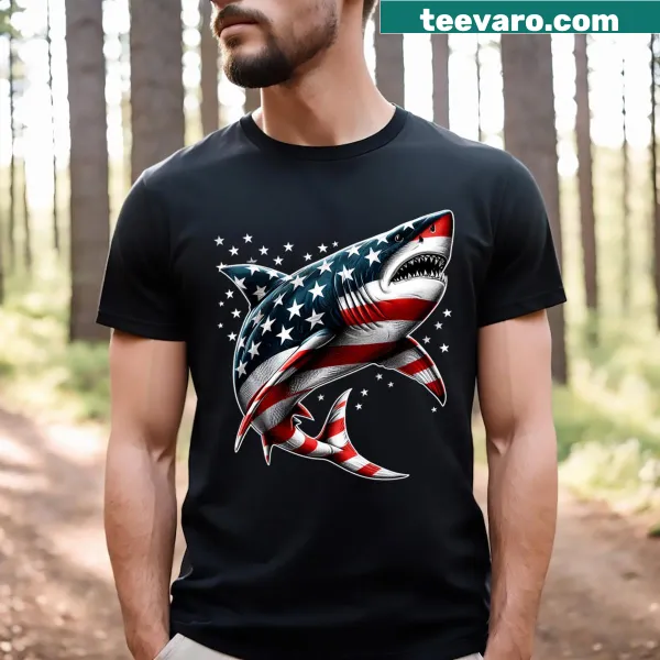 Kids T-shirt featuring a humorous shark with American flag design