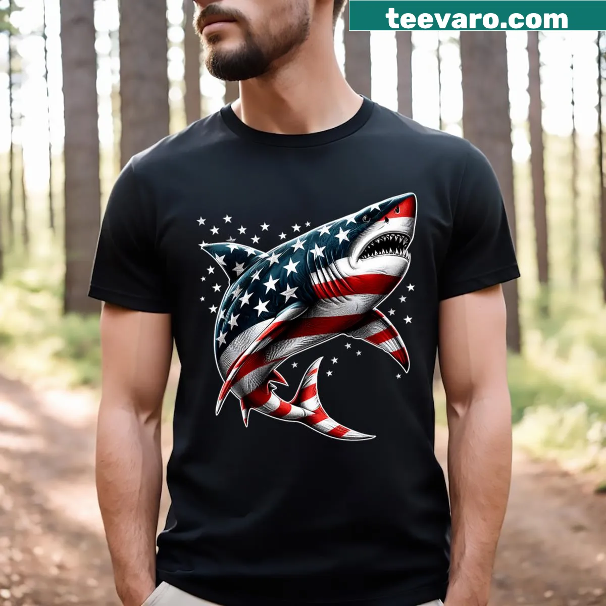 Kids T-shirt featuring a humorous shark with American flag design — on a men's t-shirt