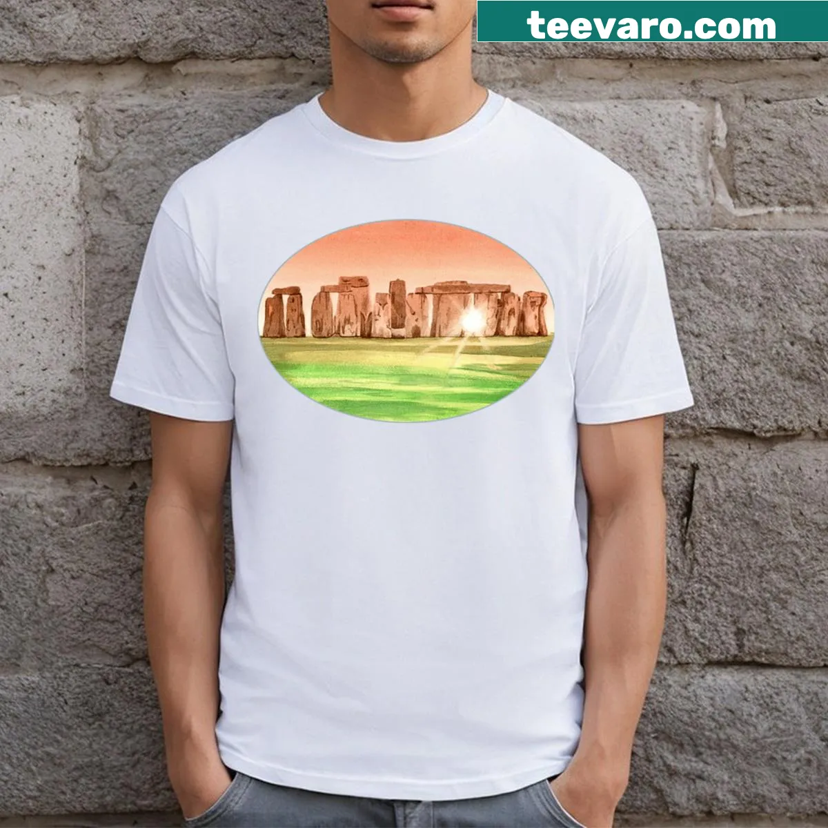 Illustrative graphic t-shirt featuring Stonehenge and summer solstice — on a men's t-shirt