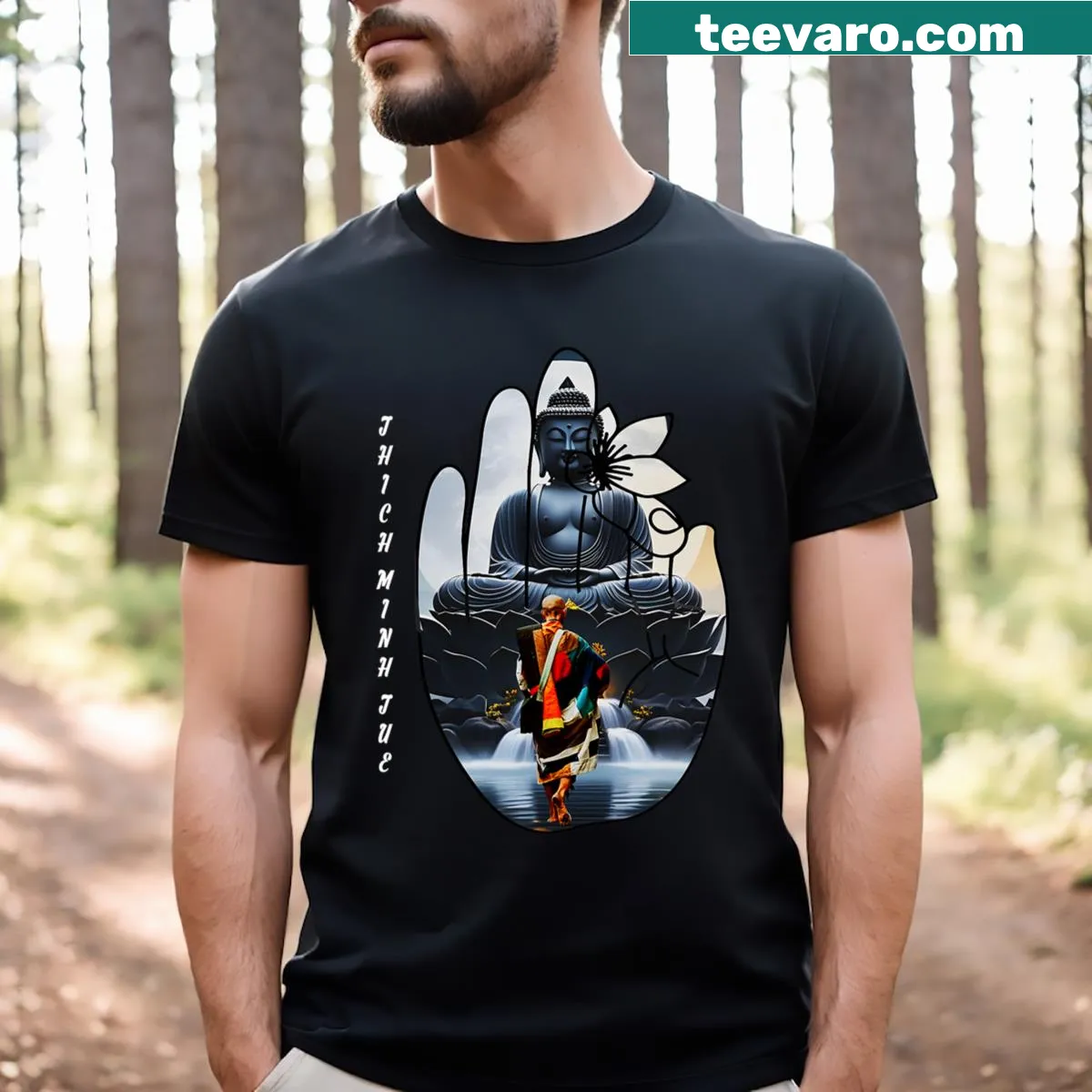 Illustrated T-shirt honoring Su Thay Thich Minh Tue and Buddhist teachings — on a men's t-shirt