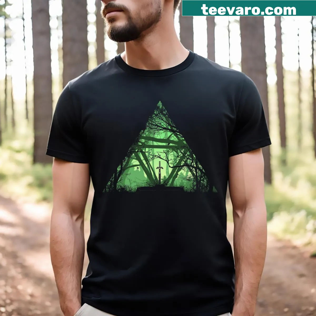 Illustration of a sword among trees on a casual tee — on a men's t-shirt