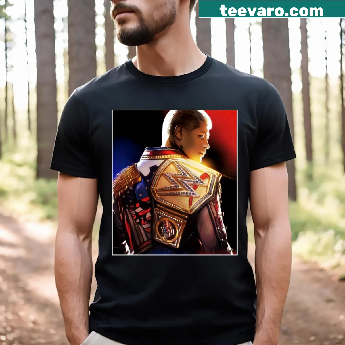 Champion Cody Rhodes t-shirt featuring unique illustrative graphic — on a men's t-shirt
