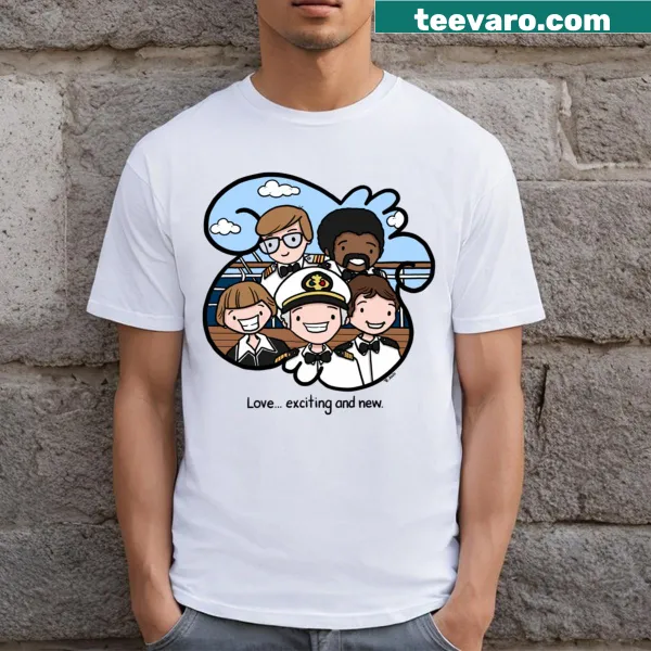 T-shirt featuring an illustration of The Love Boat with playful text
