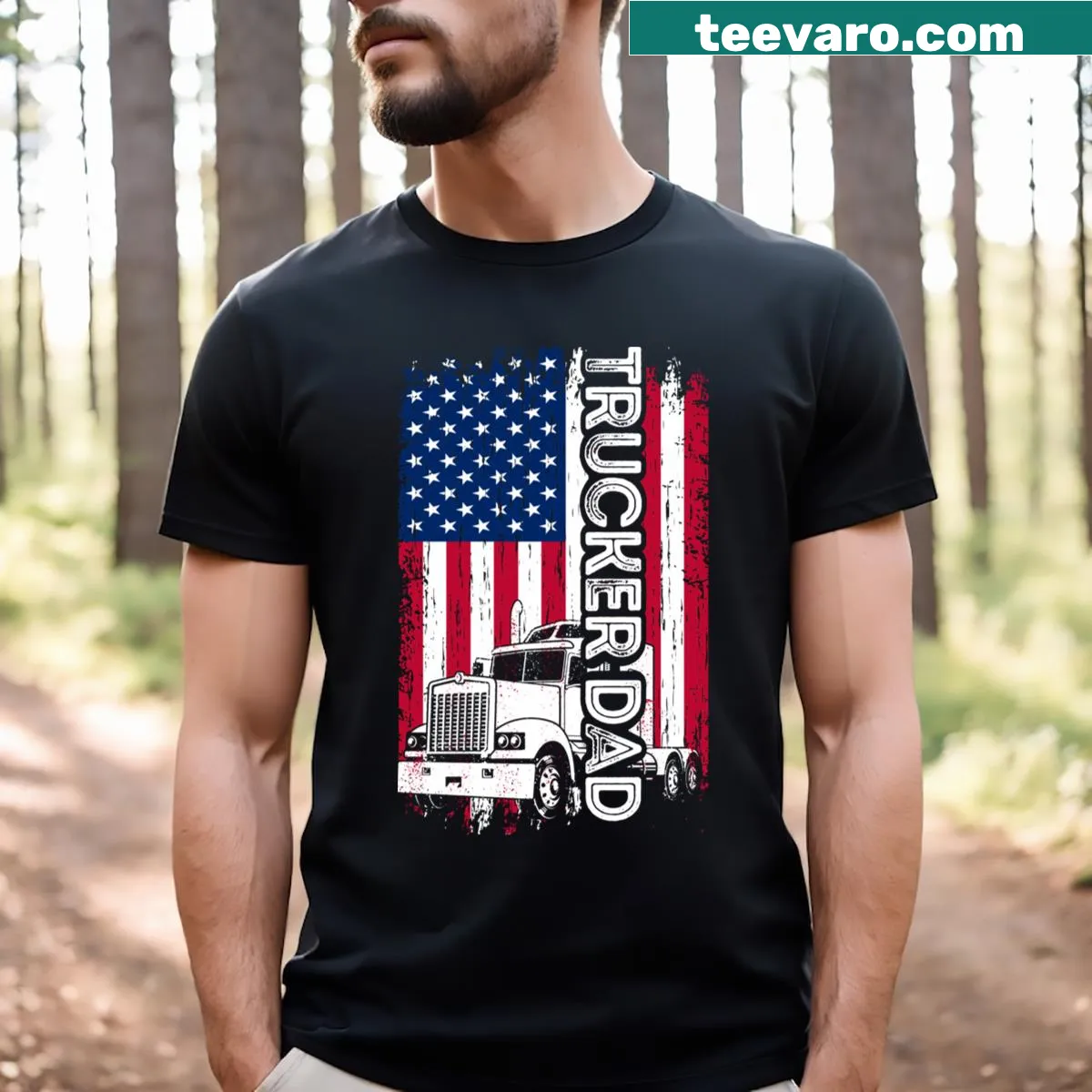 American flag truck driver graphic T-shirt for dads — on a men's t-shirt