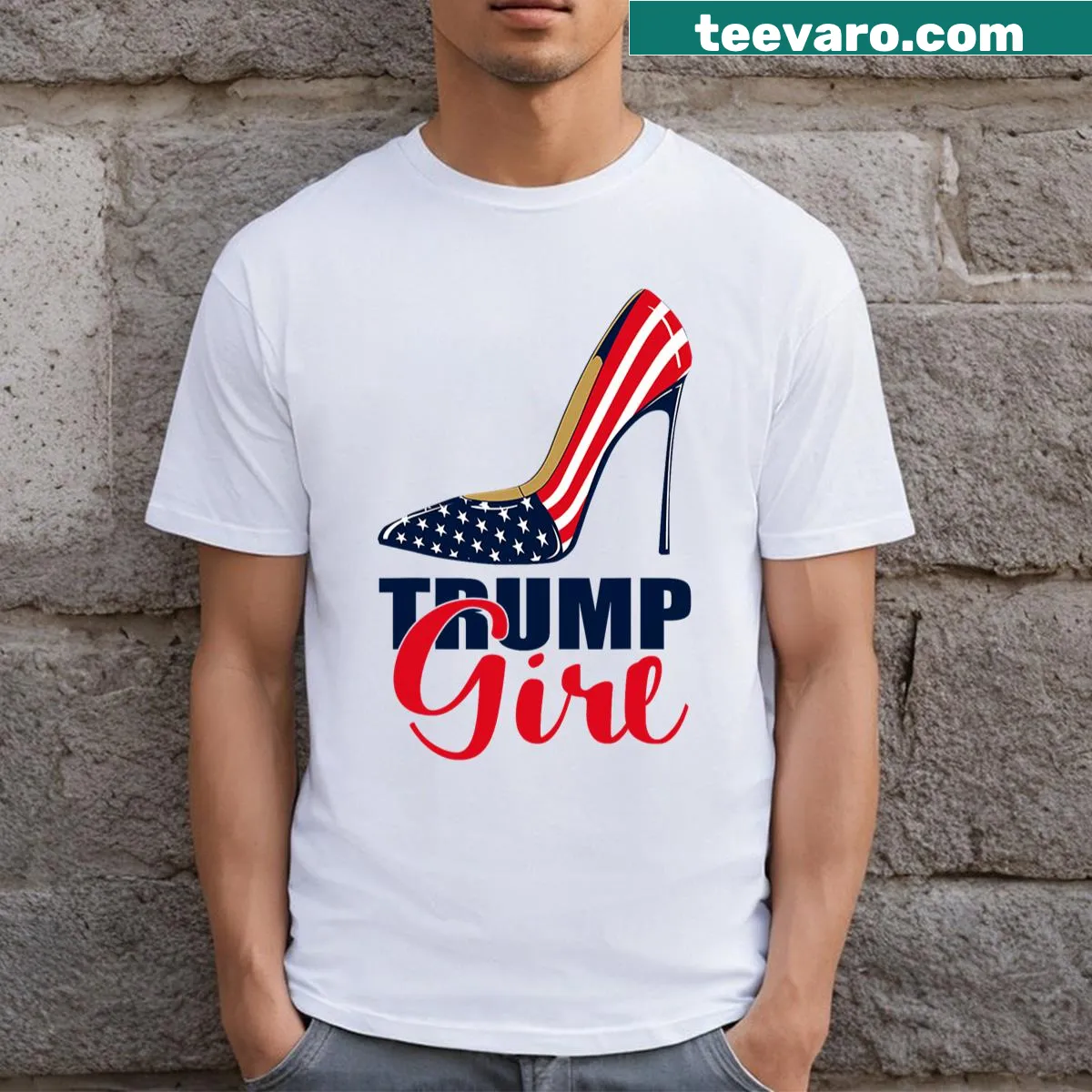 T-shirt featuring high heels and an American flag graphic for Trump supporters. — on a men's t-shirt