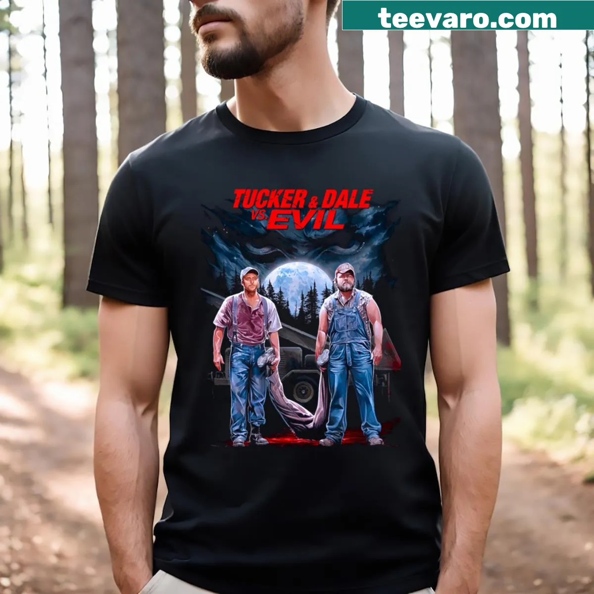 T-shirt featuring characters from Tucker And Dale Vs Evil film — on a men's t-shirt
