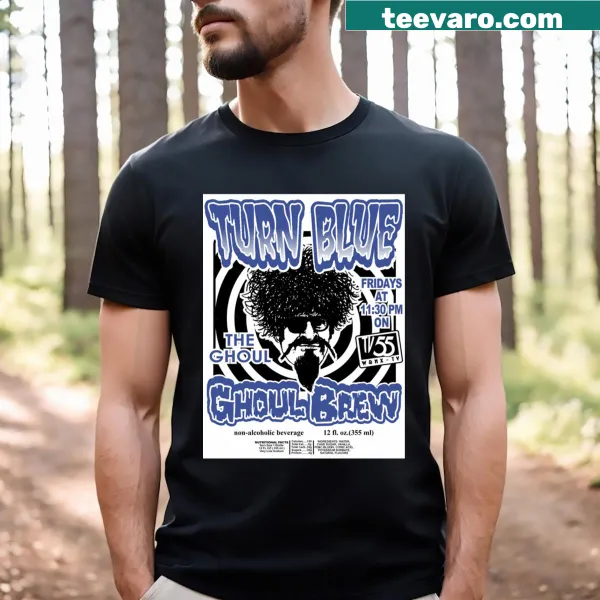 Whimsical cartoon T-shirt featuring spooky monsters and blue ghoul brew.