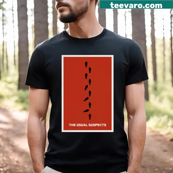 Artistic T-shirt with footprints referencing The Usual Suspects film