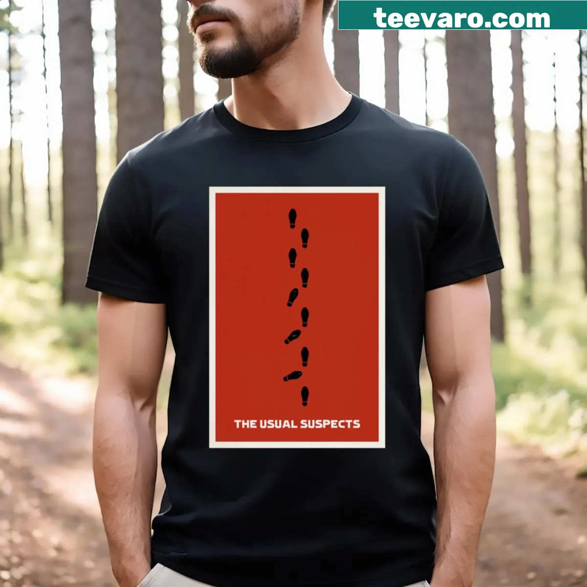 Artistic T-shirt with footprints referencing The Usual Suspects film — on a men's t-shirt