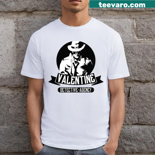 T-shirt with the phrase 'Valentine Detective Agency' in playful typography.