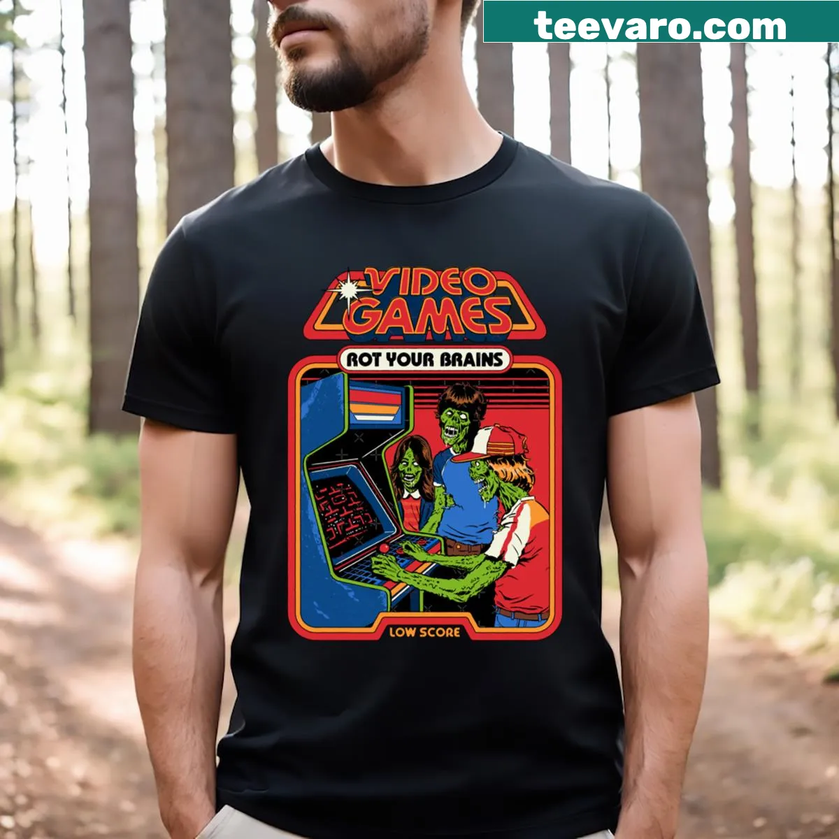 Funny t-shirt with text 'Video Games Rot Your Brains' — on a men's t-shirt