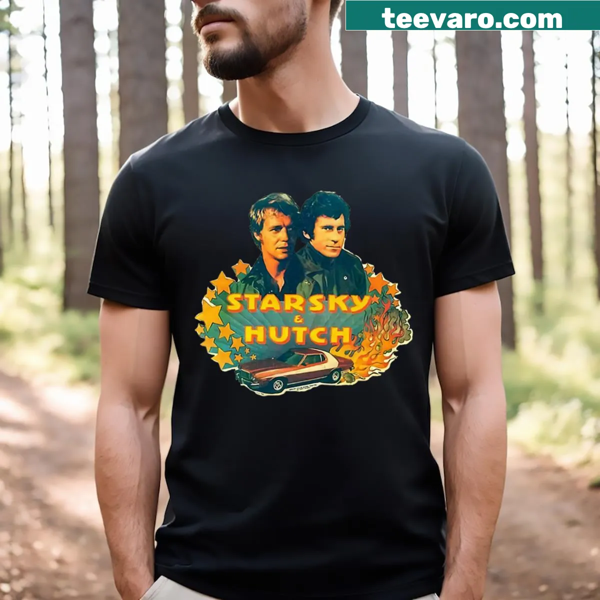Vintage racing-themed t-shirt featuring retro car graphics. — on a men's t-shirt