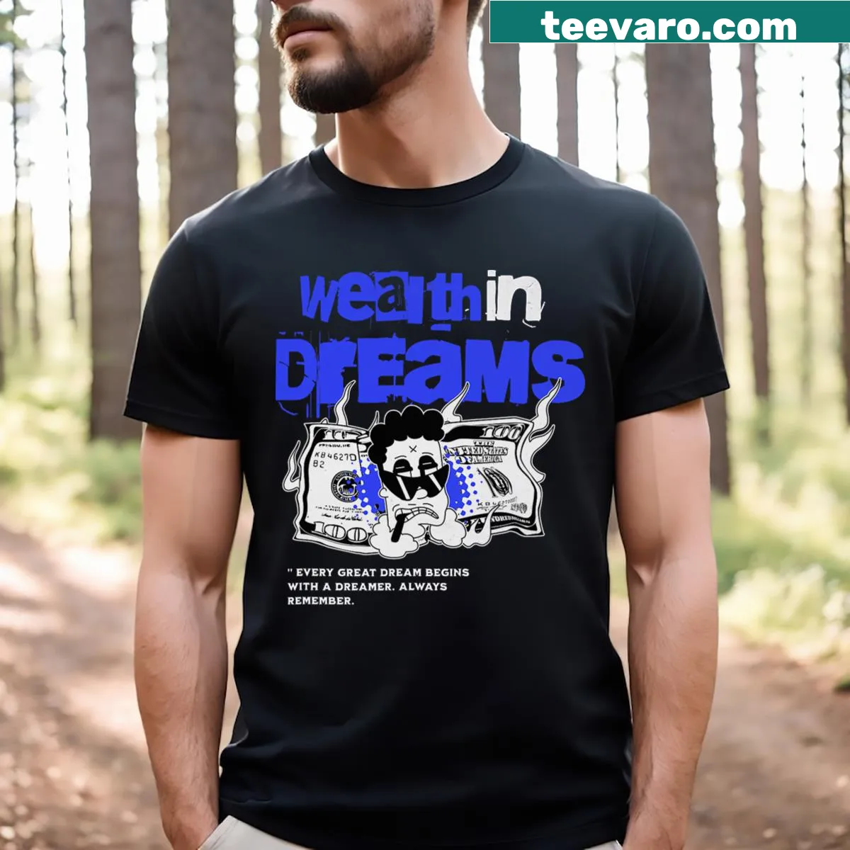Text 'Wealth In Dreams' on inspirational T-shirt — on a men's t-shirt