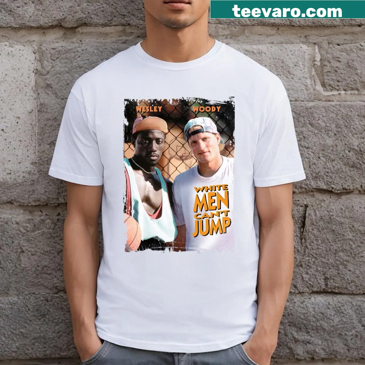 White Men Can't Jump humorous text graphic T-shirt — on a men's t-shirt