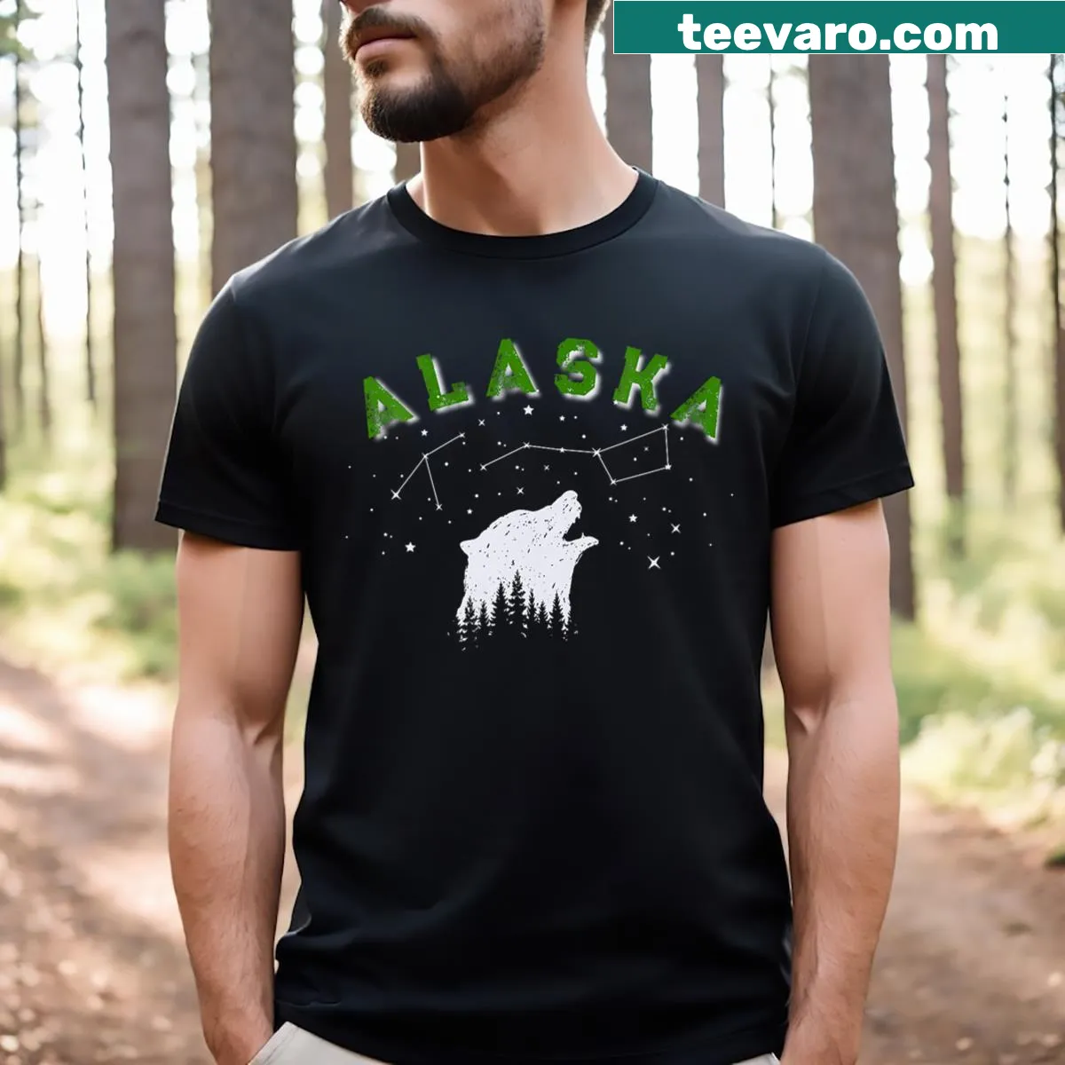 Alaska vacation gear T-shirt featuring a bear and stars logo — on a men's t-shirt