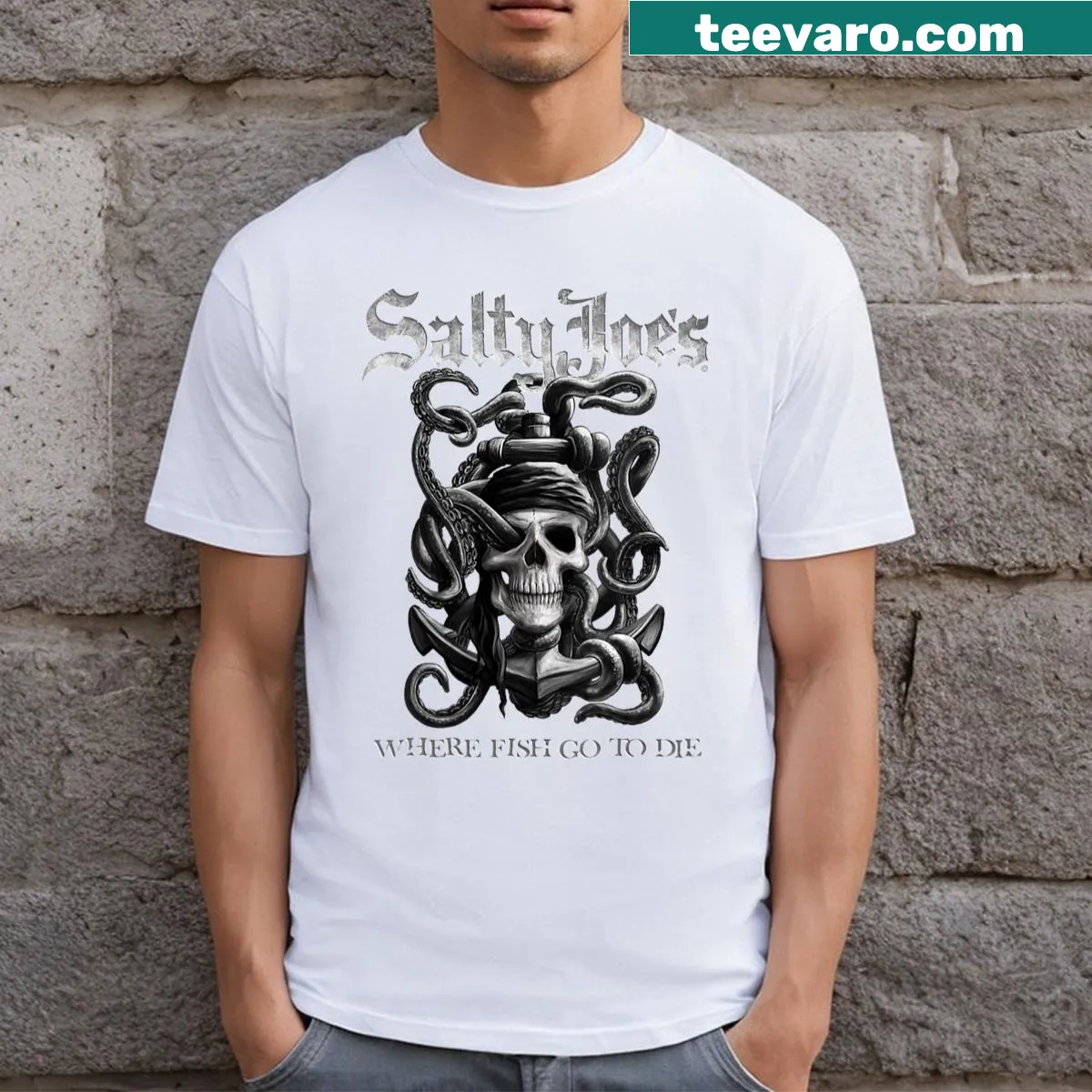 Vintage distressed V-neck t-shirt with Salty Joe's Dark Days logo — on a men's t-shirt