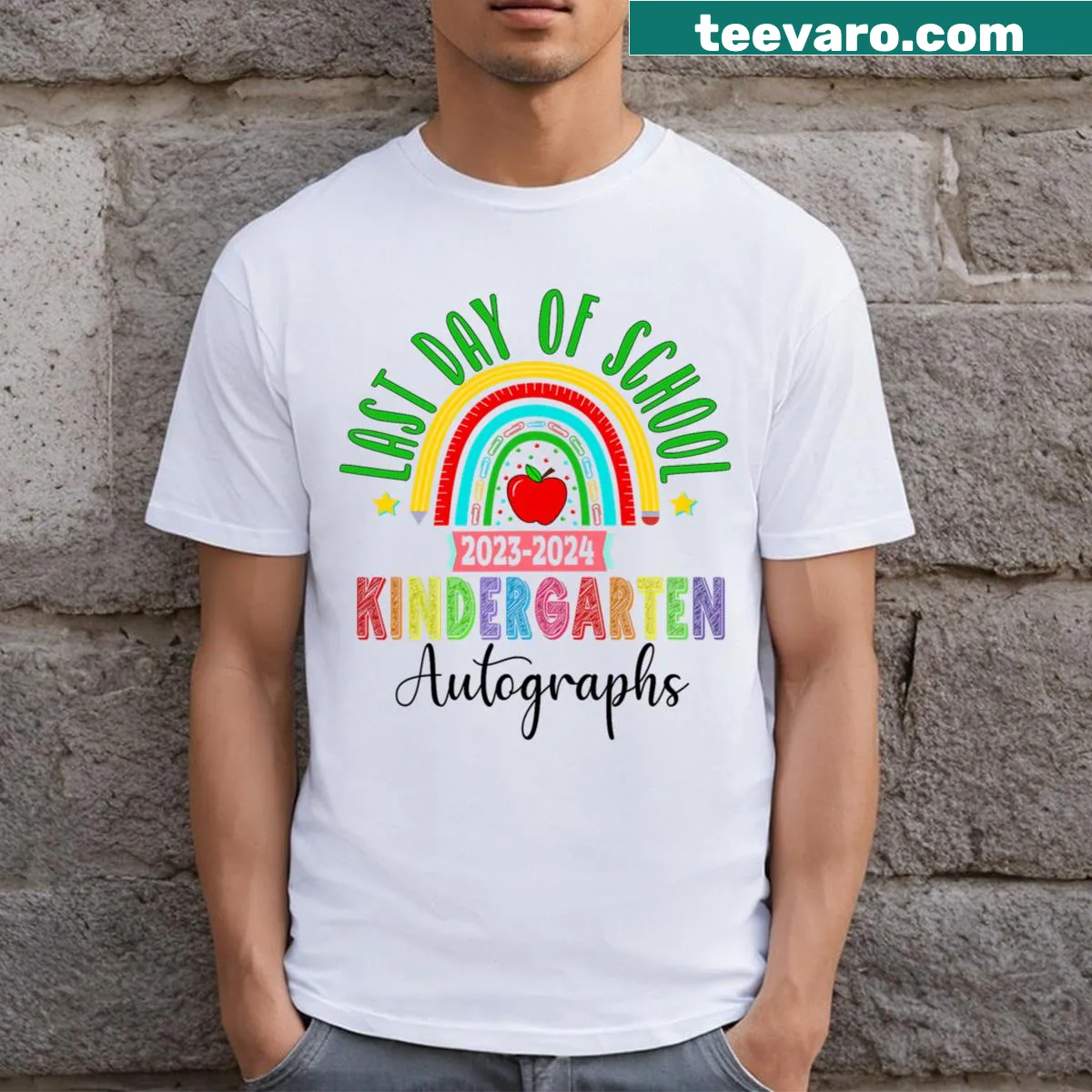 Kindergarten graduation T-shirt for kids with '2024 Last Day Of School' text — on a men's t-shirt
