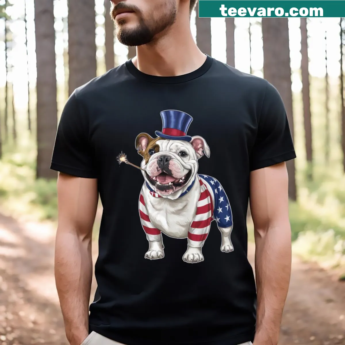 Humorous Bulldog cartoon T-shirt for the Fourth of July — on a men's t-shirt