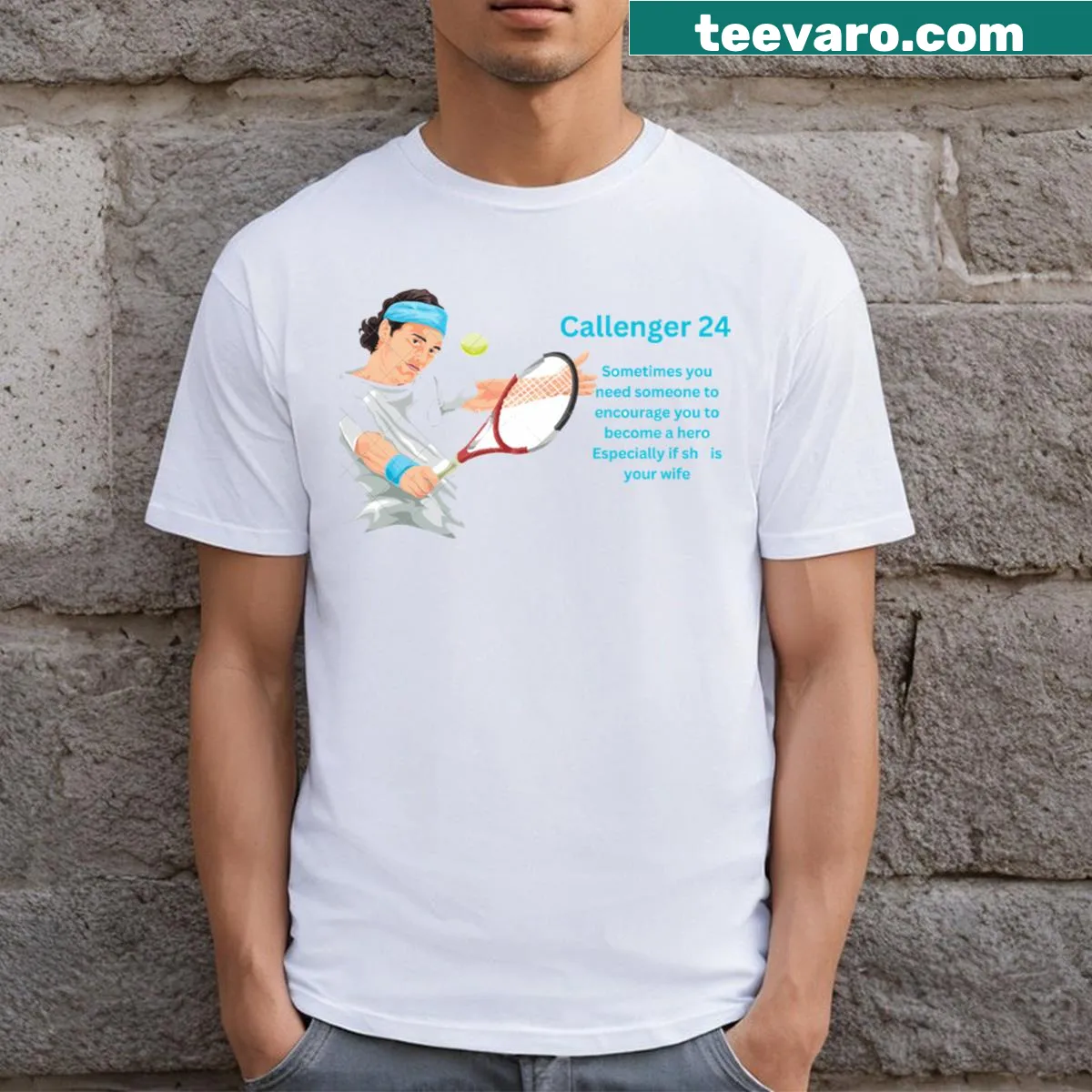 Tennis-themed T-shirt with Challenger 24 design — on a men's t-shirt
