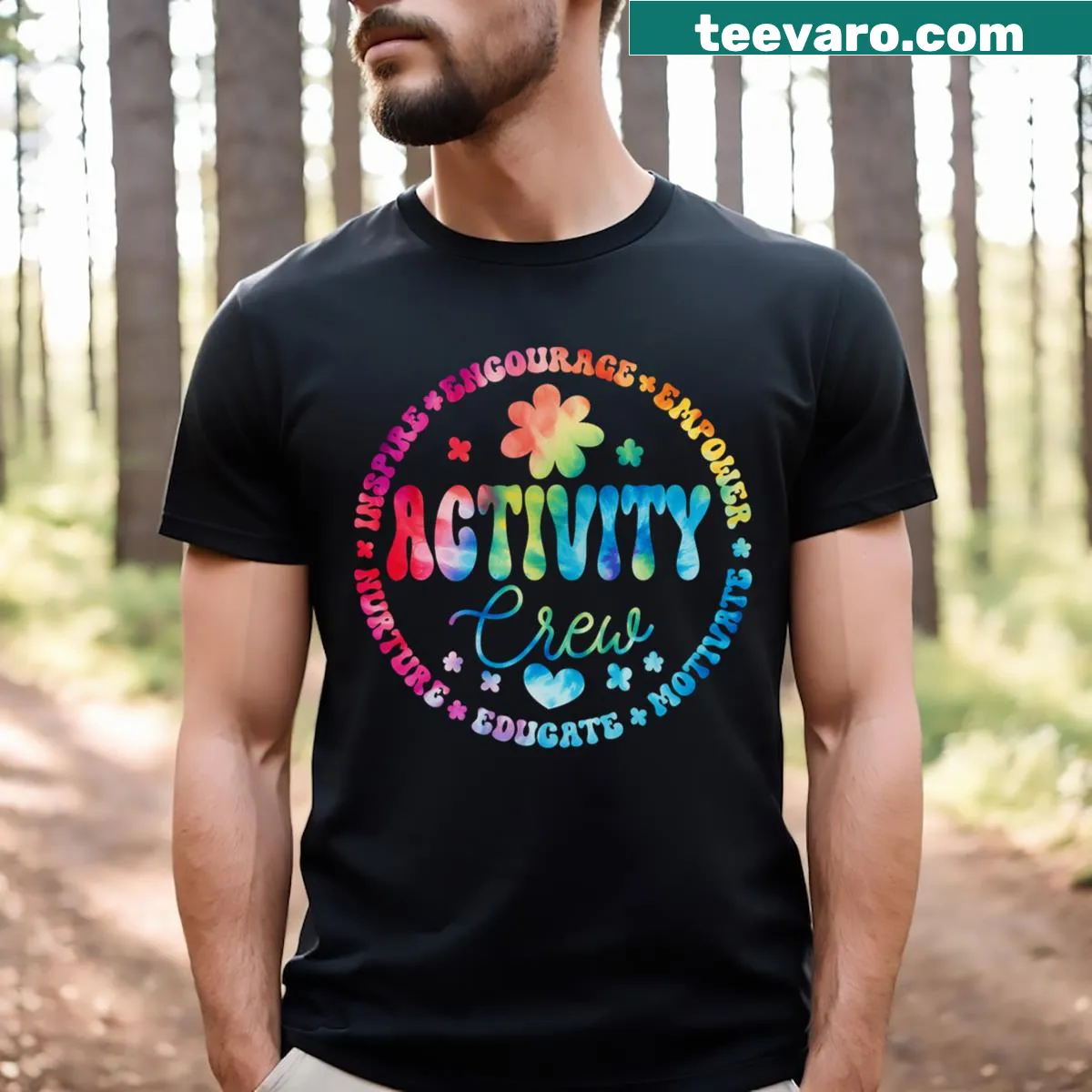 T-shirt featuring a badge-emblem design for activity crew professionals — on a men's t-shirt