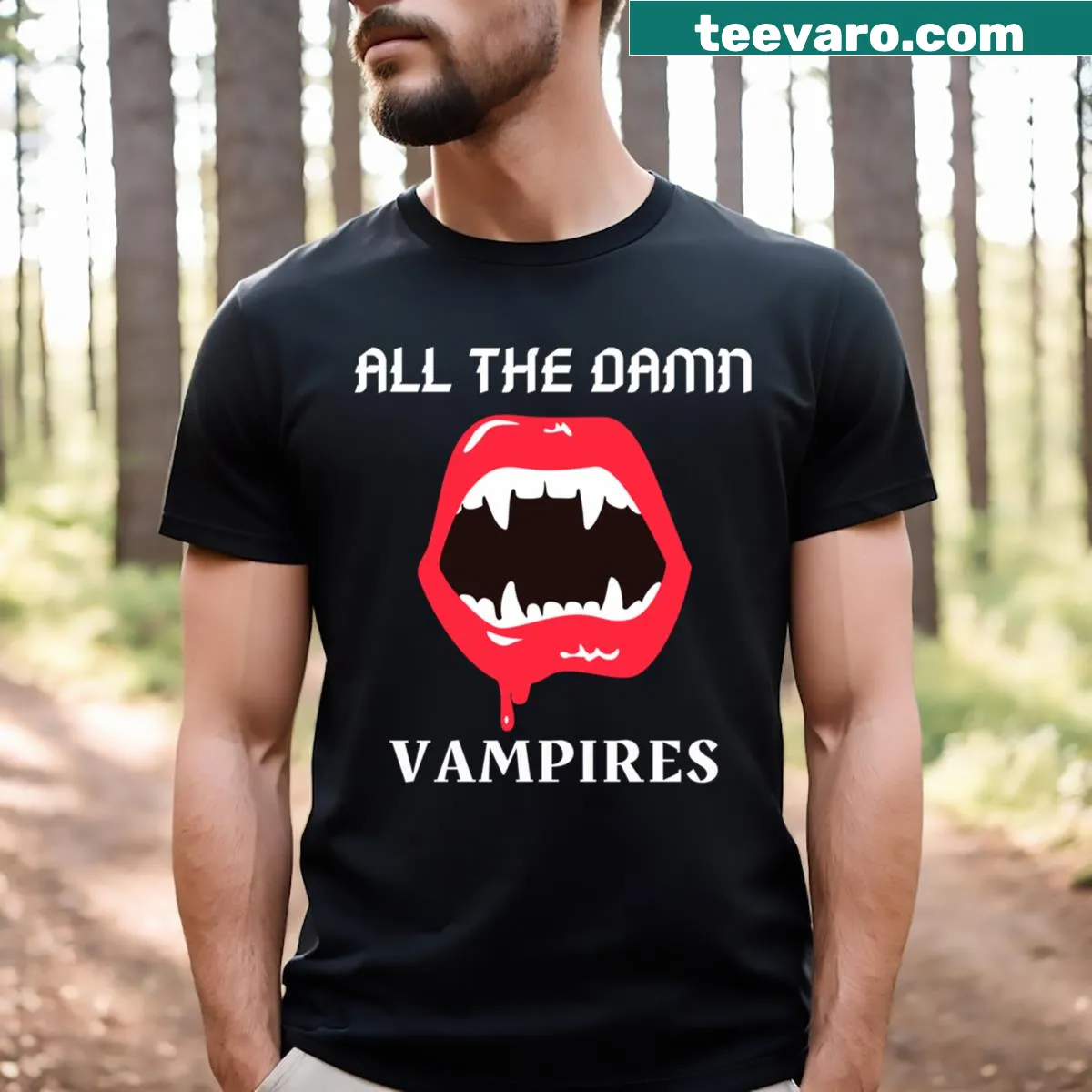 Retro-style t-shirt with vampire teeth graphic inspired by The Lost Boys. — on a men's t-shirt