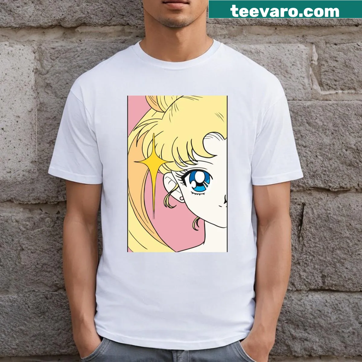 Stylish anime art graphic featuring a girl with blonde hair on a T-shirt — on a men's t-shirt