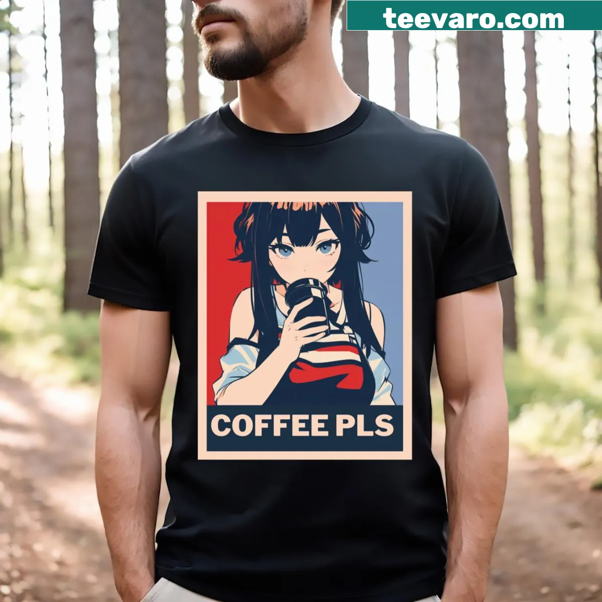 Cute anime girl graphic requesting coffee on a T-shirt. — on a men's t-shirt