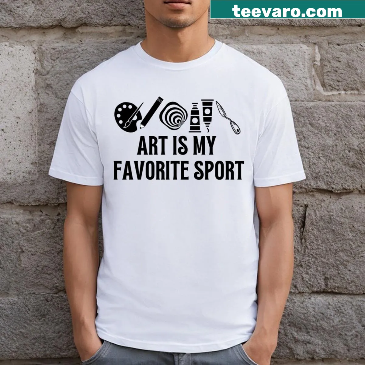 Bold typography T-shirt proclaiming 'Art Is My Favorite Sport' — on a men's t-shirt
