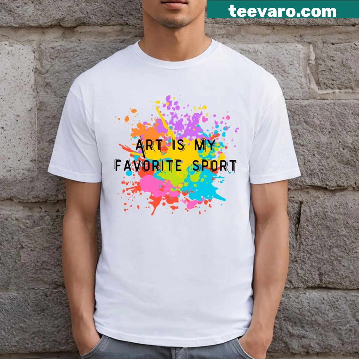 Bold typography featuring the phrase 'Art Is My Favorite Sport' on a T-shirt — on a men's t-shirt