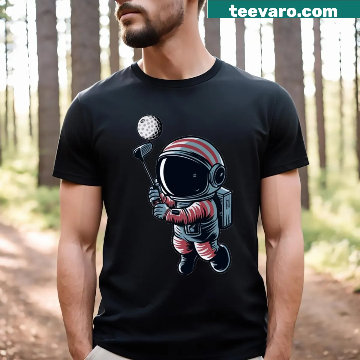 T-shirt with a whimsical astronaut golfing design in space — on a men's t-shirt
