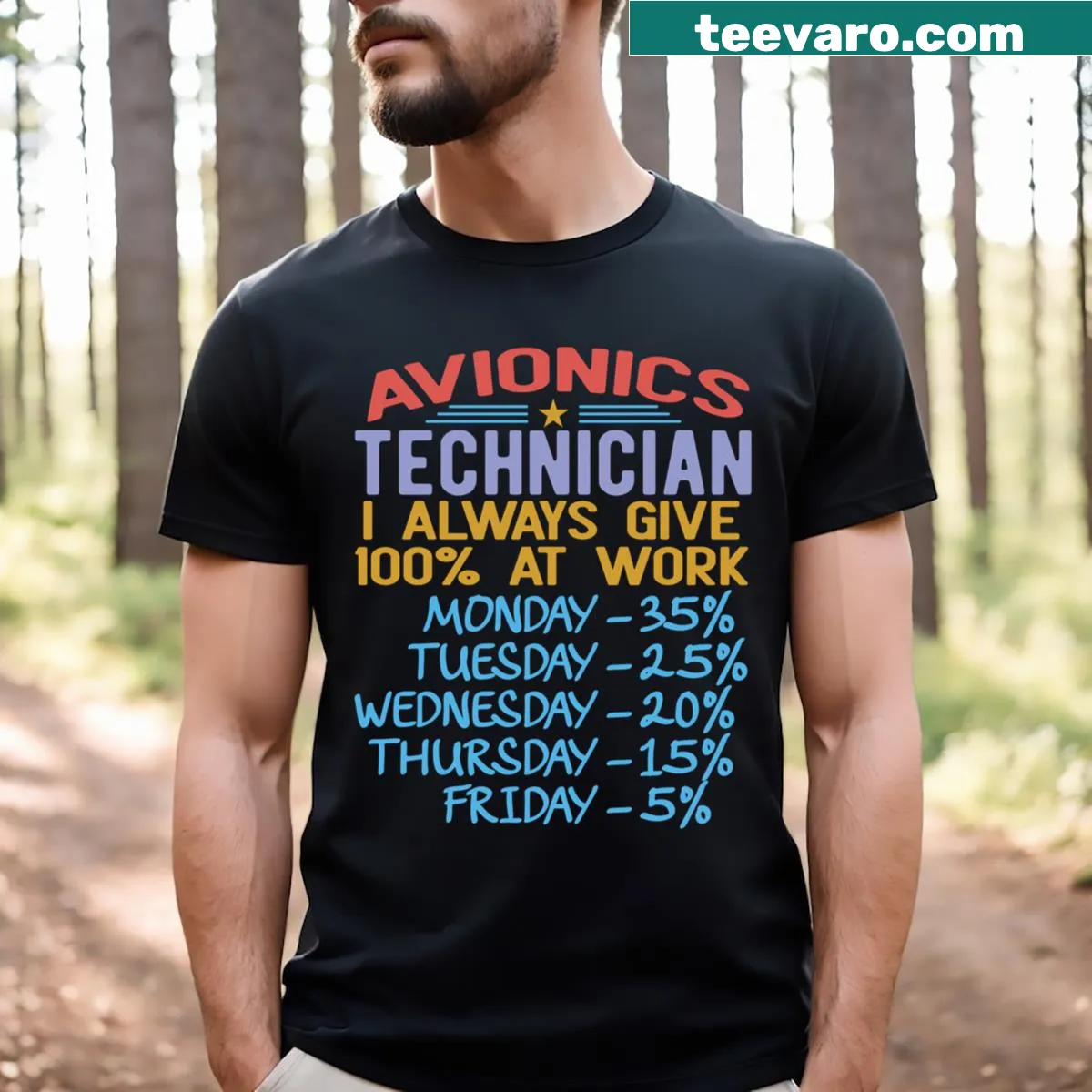 Typographic t-shirt for avionics technicians at work — on a men's t-shirt
