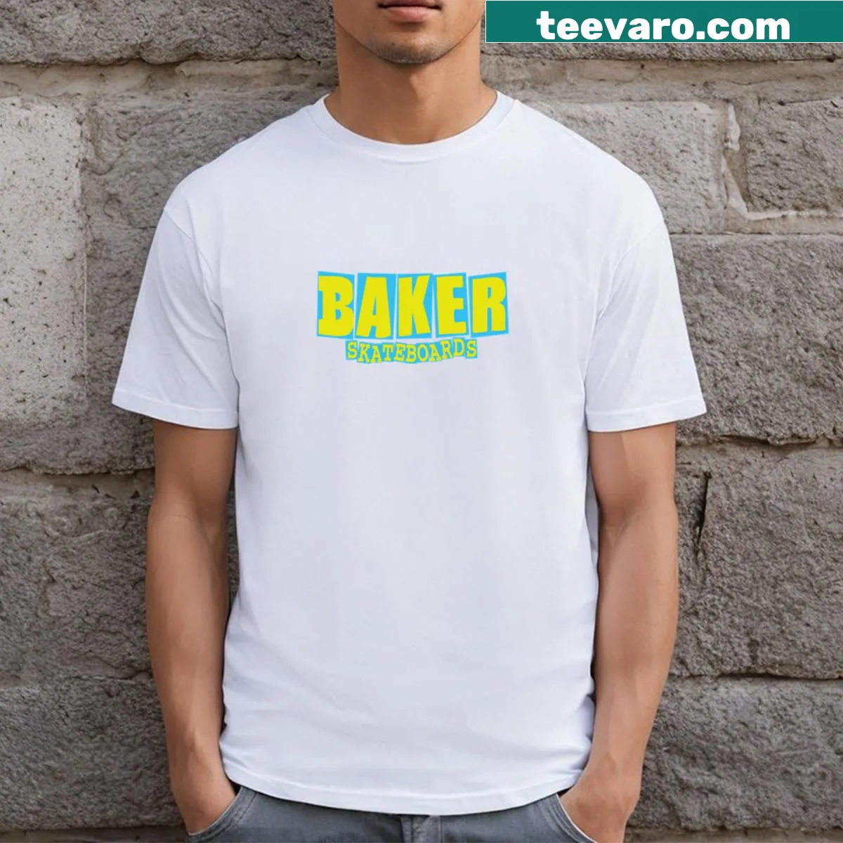 Sporty graphic representing Baker Skateboards on a T-shirt — on a men's t-shirt
