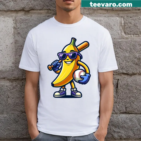 Cartoon T-shirt depicting a banana playing baseball