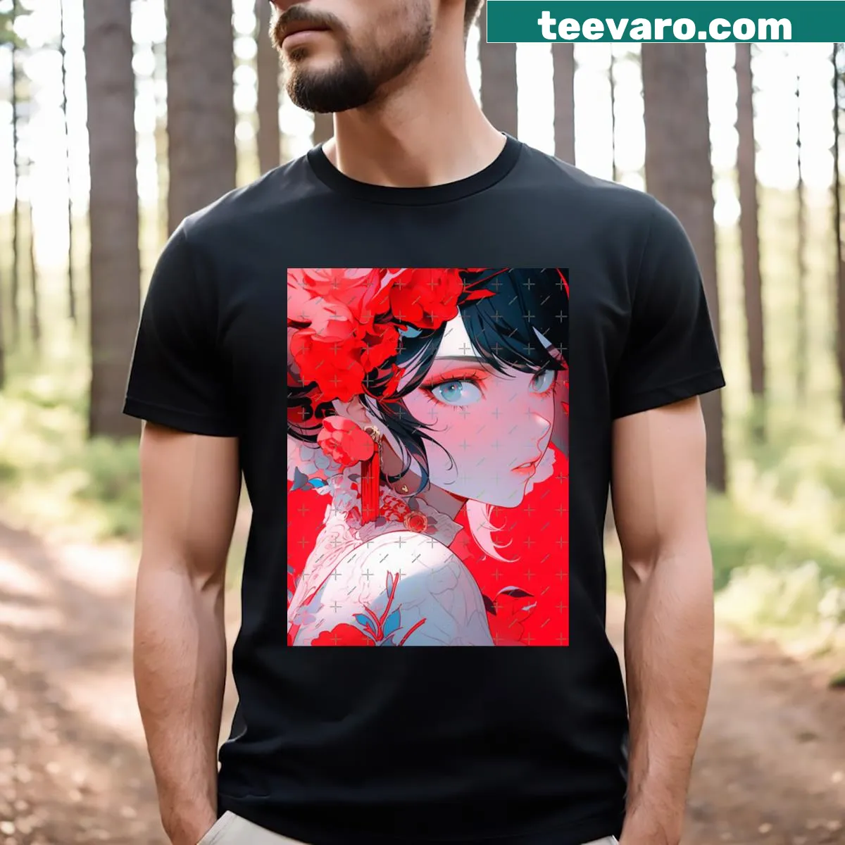 Anime-style t-shirt featuring a beautiful girl illustration — on a men's t-shirt