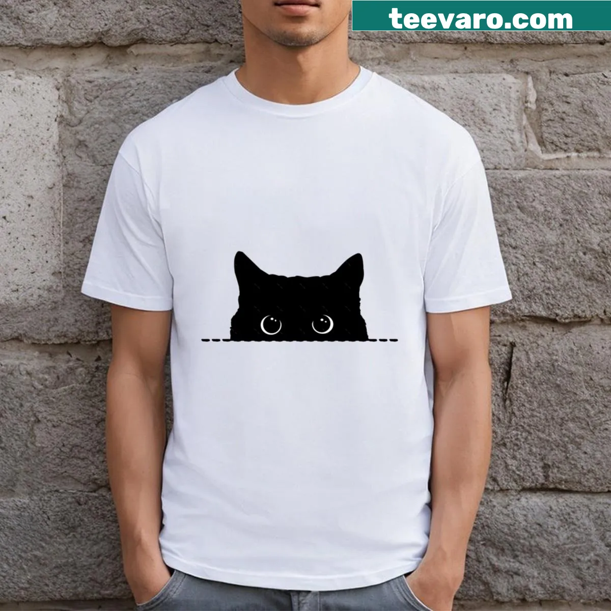 Cute black cat illustration peeking out, perfect for cat lovers. — on a men's t-shirt