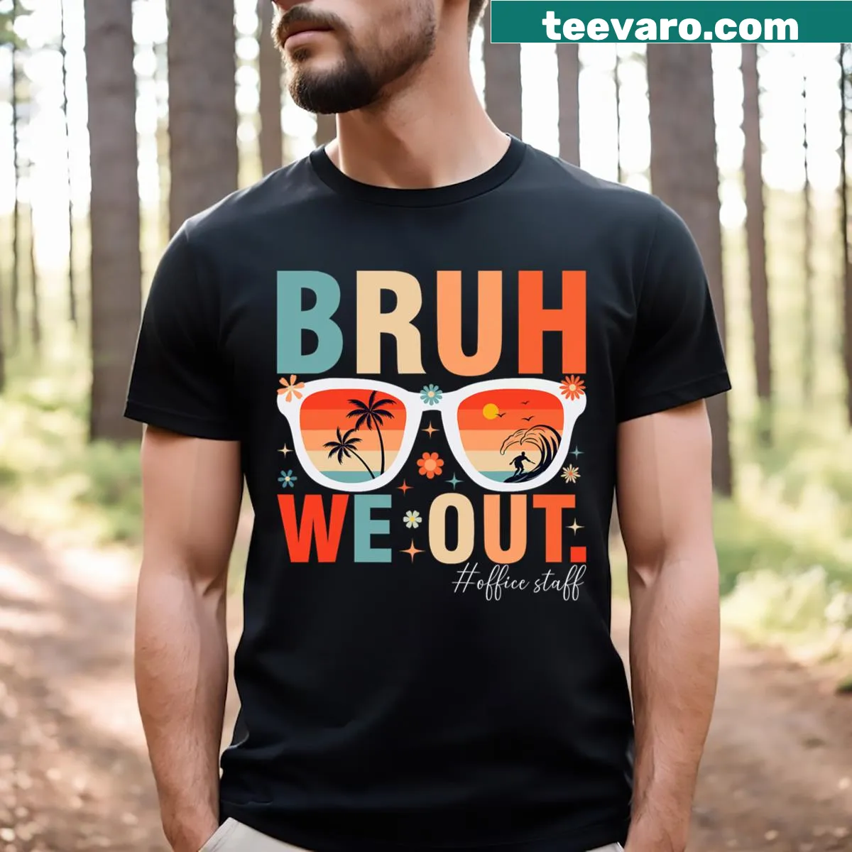 Retro-style office staff t-shirt with 'Bruh We Out' phrase — on a men's t-shirt