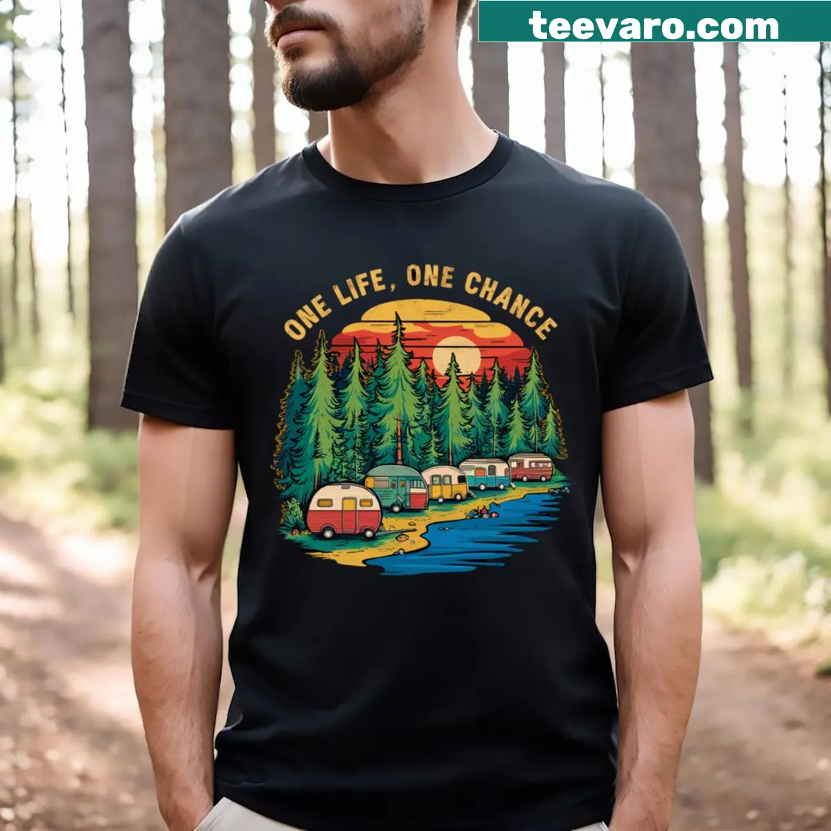Inspirational camping T-shirt with 'One Life One Chance' printed. — on a men's t-shirt