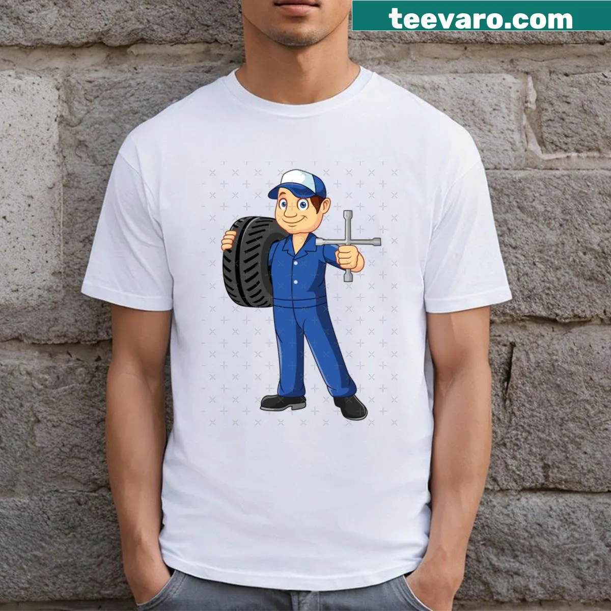 Cartoon mechanic graphic with tools and car silhouette — on a men's t-shirt