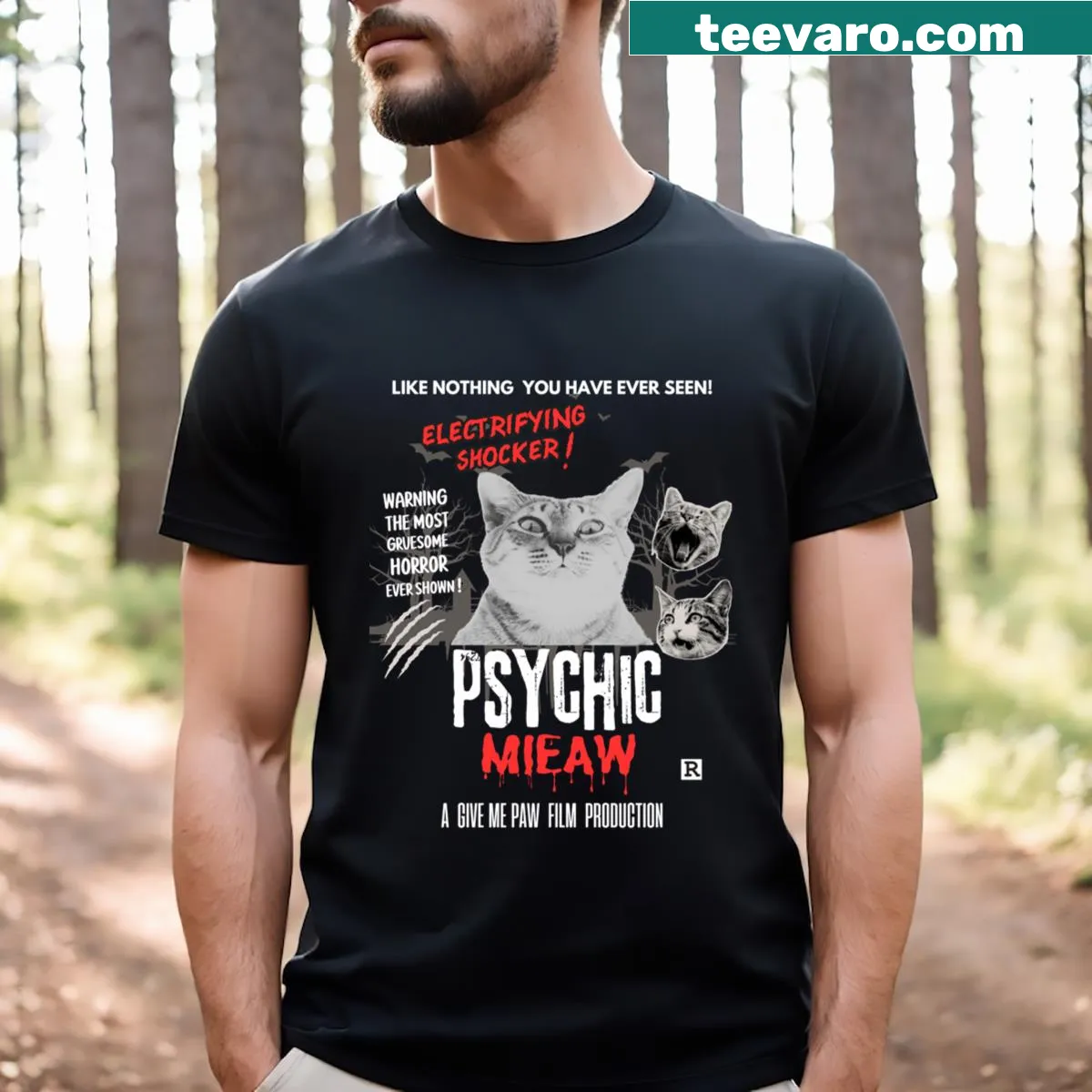 Vintage horror graphic featuring a vampire cat with psychic abilities — on a men's t-shirt