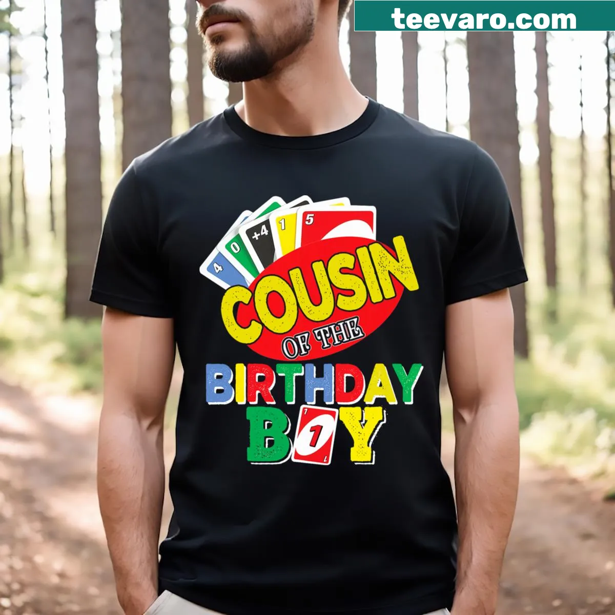 Cousin of the Uno Birthday Boy t-shirt in bold typography — on a men's t-shirt