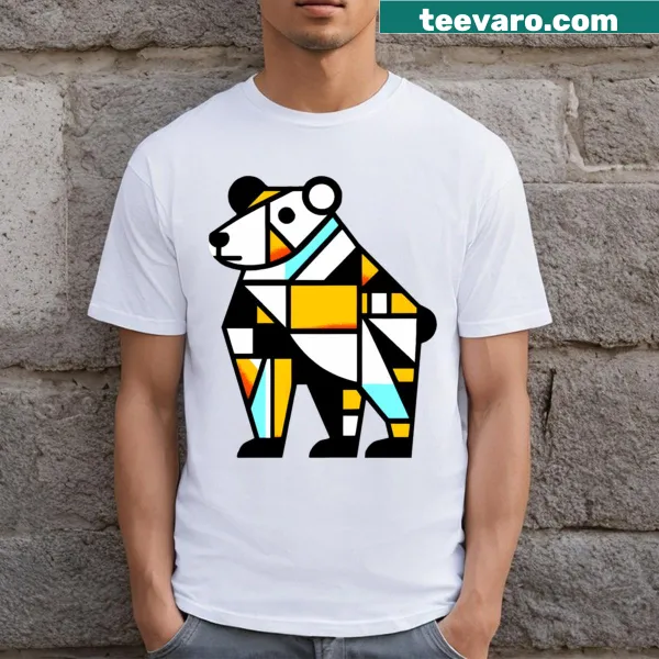 Cubist-style bear graphic t-shirt with angular shapes and lines.