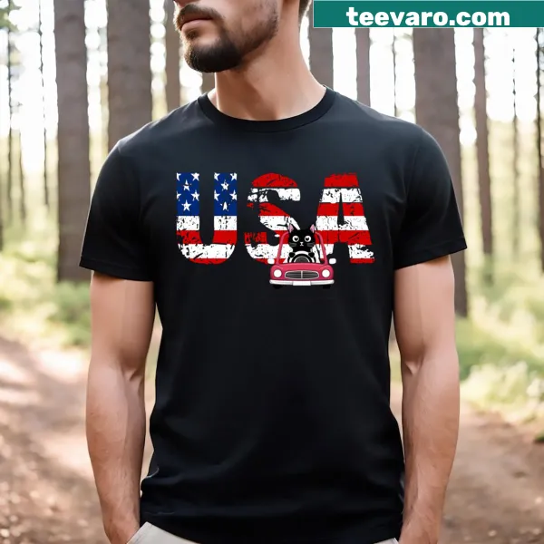 Illustrated black cat driving on a whimsical T-shirt