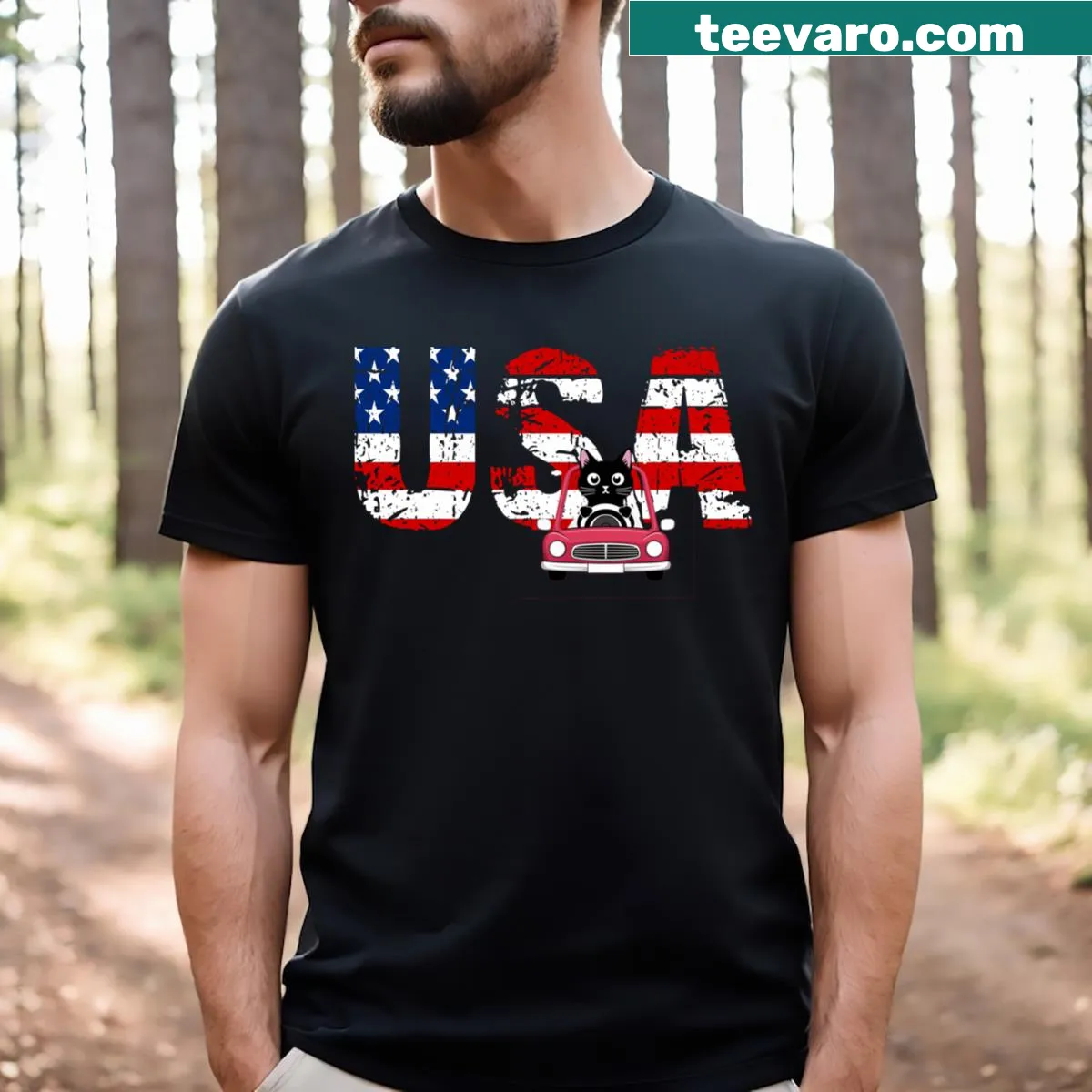 Illustrated black cat driving on a whimsical T-shirt — on a men's t-shirt